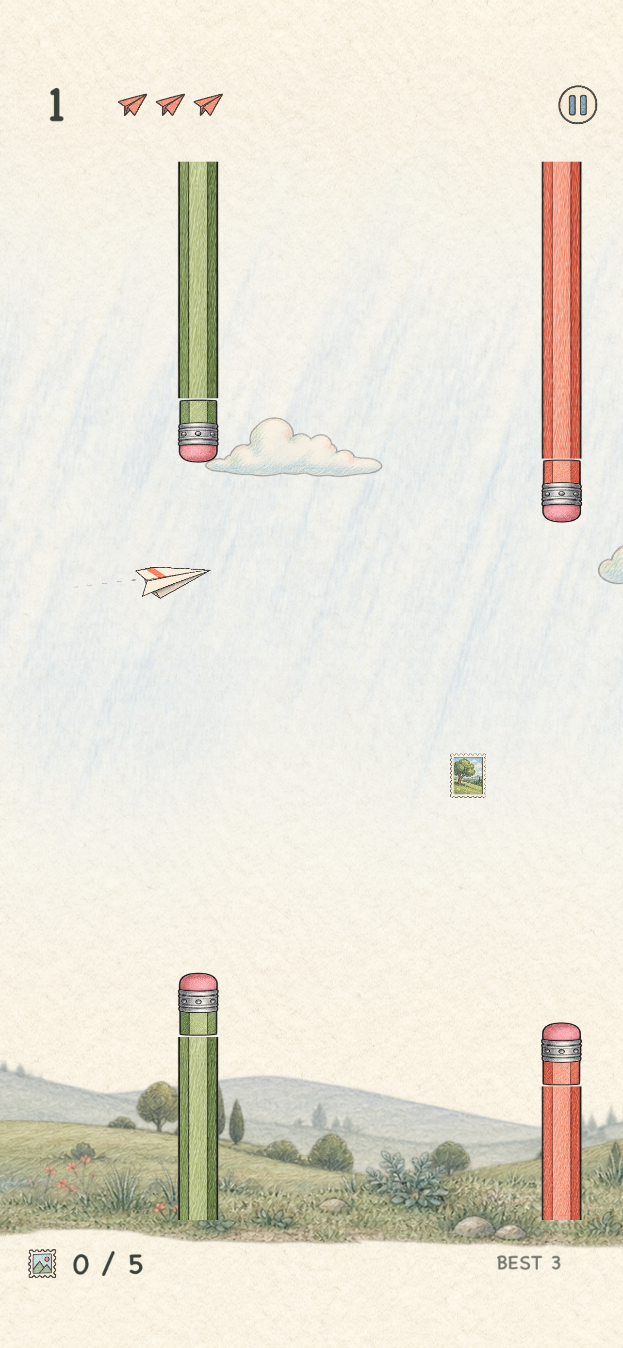 Doodlewing gameplay: a paper airplane glides through colorful pencil obstacles above a hand-drawn meadow.